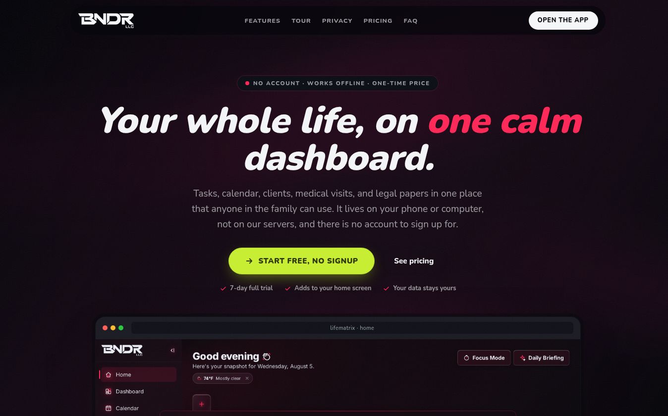 BNDR LifeMatrix website screenshot