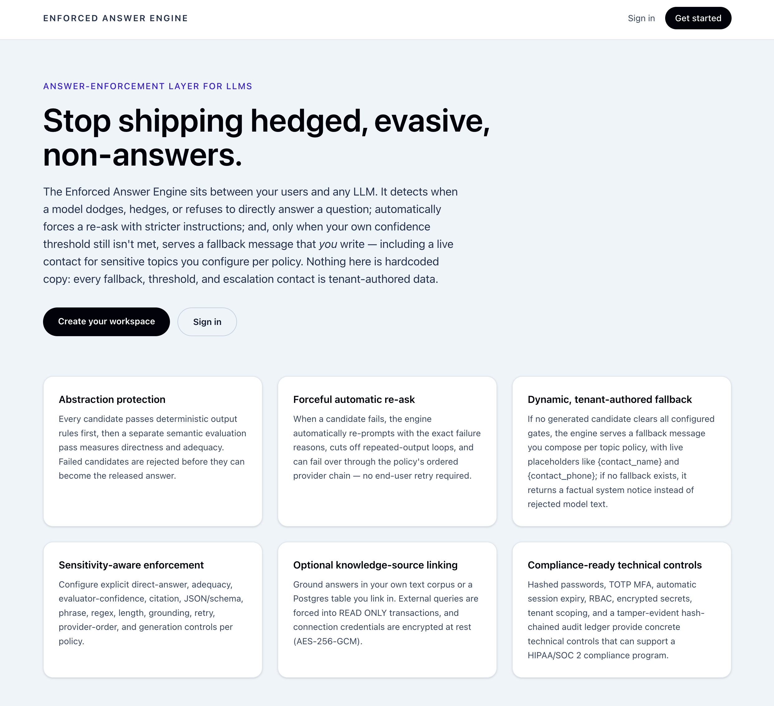 Enforced Answer Engine website screenshot